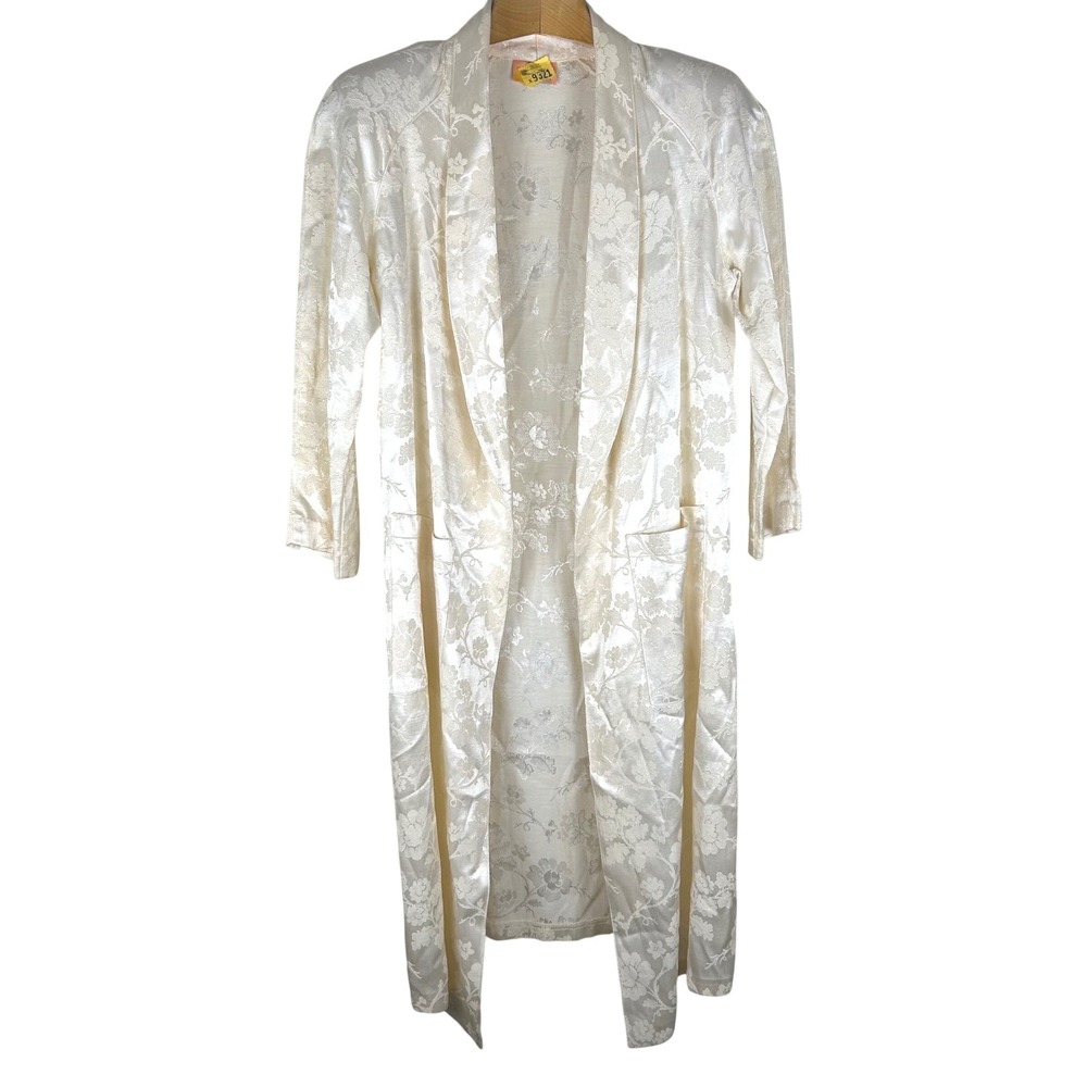 Vintage Robe Duster Womens Cream Floral Jacquard Shawl Collar Regencycore